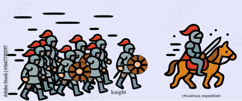 Medieval knight group on chivalrous quest. Suitable for historical or fantasy designs, book covers, and educational materials about knights.