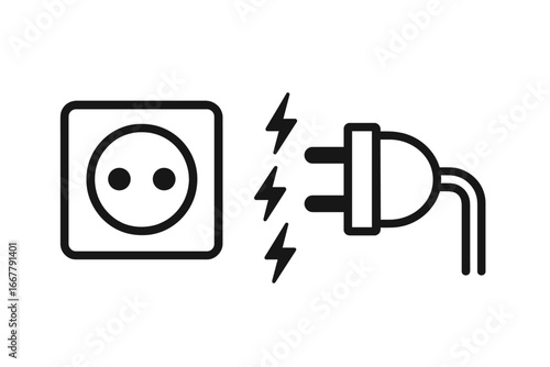 Electric plug and socket vector icon set. Minimalist illustration of an electrical connection, power, and energy outlet. Concept of connecting and disconnecting with a lightning bolt symbol.