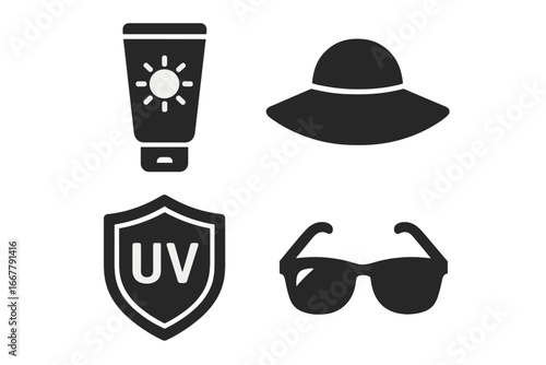 Sun protection solid glyph icon set. Summer safety essentials for the beach. Sunscreen tube, wide brim hat, sunglasses, and UV shield symbols. Skin care and health concept.