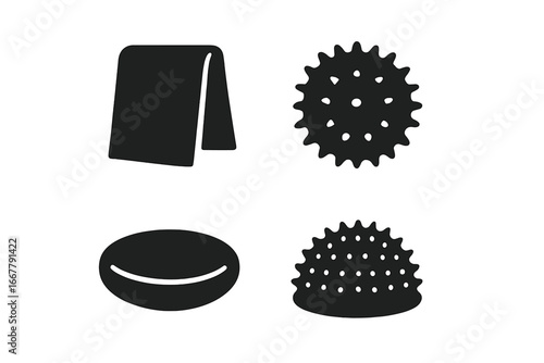 Physical therapy & physiotherapy tools icon set. Solid glyph icons for rehabilitation, massage, and fitness. Includes stretch band, spiky massage ball, and balance pad vector.