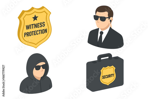 Witness protection program isometric icon set. Security guard, secret agent, spy, and criminal icons. Law enforcement, justice, and crime concept vector illustration.