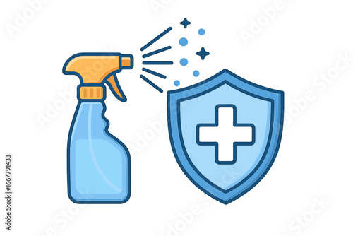 Antiseptic spray and shield protection concept. Disinfection, cleaning service, hygiene. Antibacterial sanitizer for health safety. Coronavirus, virus, germ protection vector icon.