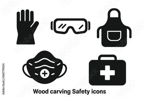 Wood carving safety icons. Solid filled icon set for woodworking & carpentry. Protective gear: gloves, goggles, dust mask, apron. First aid kit. Vector pictogram collection.