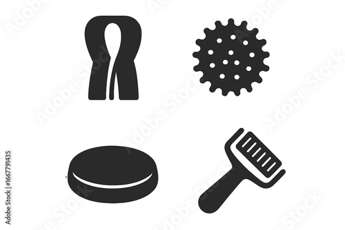 Physical therapy tools solid icon set. Physiotherapy and rehabilitation equipment glyphs. Vector symbols for stretch band, massage ball, balance pad, and muscle scraper tool.