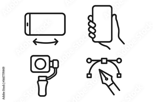 Product design and graphic design outline icon set. Vector illustration of smartphone orientation, handheld grip, camera gimbal stabilizer, and pen tool for CG creation.