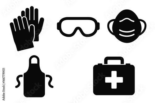 Workshop safety icon set. Woodworking personal protective equipment glyphs. Vector icons of safety gloves, goggles, dust mask, apron, first aid kit for DIY projects.