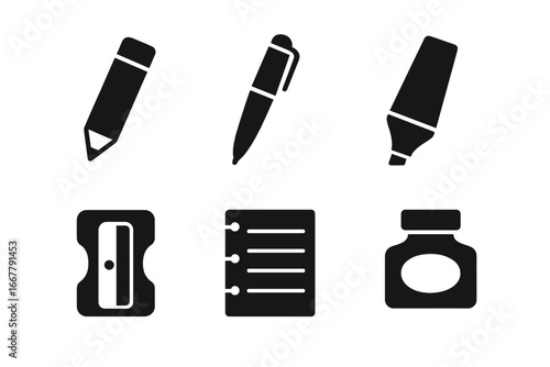 Writing tools icons set including solid pencil, pen, highlighter, sharpener, notebook margin, ink bottle, vector illustration of essential stationery supplies