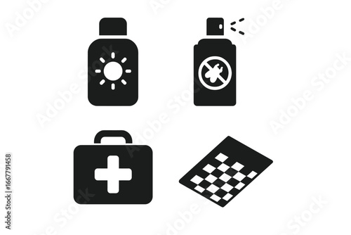 Picnic essentials solid glyph icon set. Summer outdoor safety and health collection. Sunscreen, insect repellent spray, first aid kit, and checkered blanket vector symbols.
