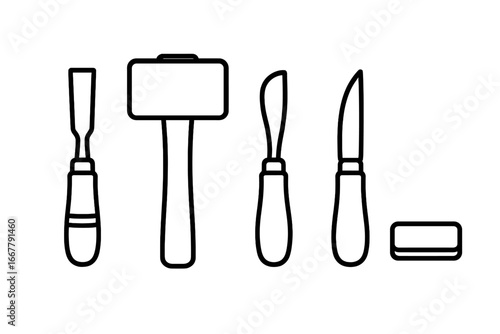 Wood carving tools set. Outline icon collection of woodworking equipment for handmade craft. Vector illustration of chisel, mallet, gouge, carving knife, sharpening stone.