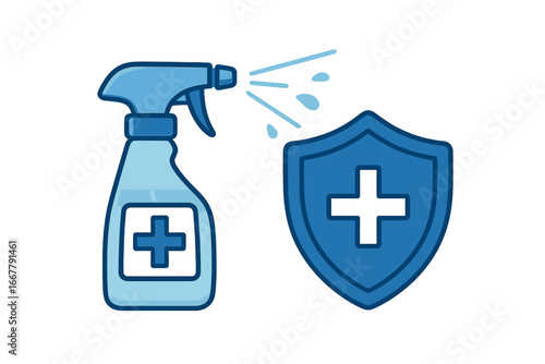 Disinfectant spray and shield with cross for protection. Hygiene and cleaning concept. Antibacterial sanitizer for safety, health care, and medical virus prevention. Vector.