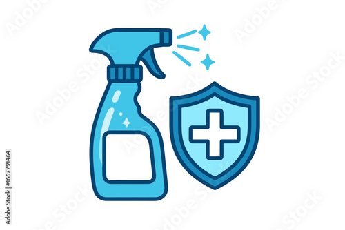 Disinfection protection concept. Antiseptic spray bottle and shield icon. Hygiene, cleaning, antibacterial defense. Sanitizer for sterile surface. Medical cross. Health safety.