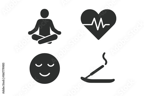 Yoga stress relief icons solid filled vector set of meditation pose, heart heartbeat slow rhythm, calm face with serene expression, and burning incense stick for relaxation and wellness