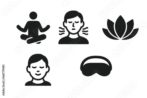 Yoga and Meditation Icon Set for Anxiety Relief and Relaxation, Deep Breathing, Lotus Pose, Calm Face, Eye Mask, Stress Reduction Symbols, Wellness and Mindfulness Vector