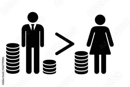 Gender pay gap icon showing income inequality. Salary difference between man and woman. Vector illustration of financial disparity, unequal payment, sexism, discrimination. Social issue.