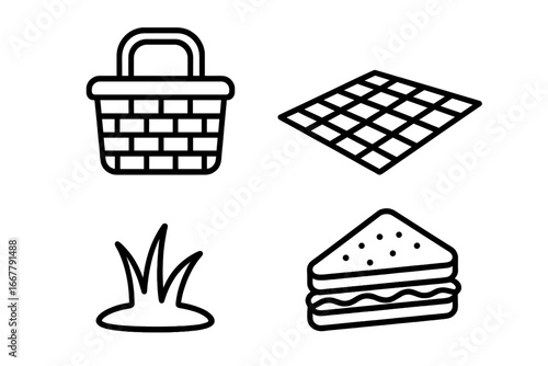 Picnic icon collection with basket, blanket, sandwich and grass. Outline icon set for summer outdoor activity in park. Vector graphic illustration for leisure and food.
