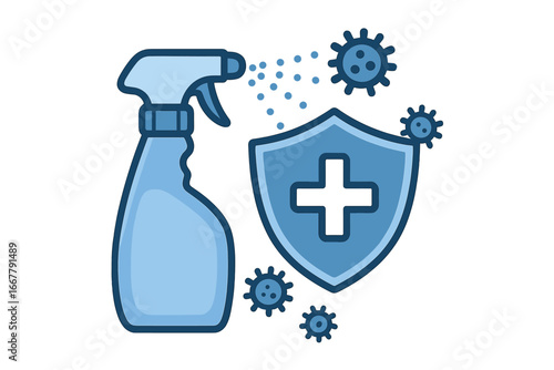 Antiseptic spray and shield protecting from virus and bacteria. Disinfection, cleaning and hygiene concept. Antibacterial sanitizer for health safety and immunity. Vector icon.