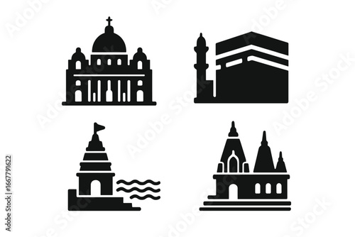 Pilgrimage landmarks icon set. Vector glyphs of famous holy sites. St. Peter's Basilica, Mecca Kaaba, Varanasi Ghat. Christian, Islamic, Hindu religious travel symbols.