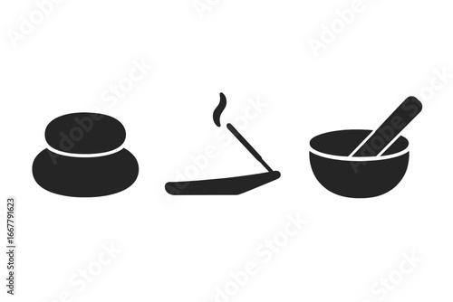 Zen meditation icons set with solid filled style featuring meditation cushion, burning incense stick, and singing bowl for mindfulness and relaxation space essentials