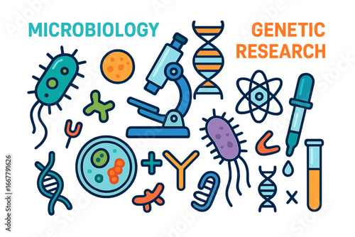Microbiology and genetic research concept. Science vector icons set. DNA, chromosome, bacteria, microscope, petri dish. Biology, chemistry laboratory analysis illustration.