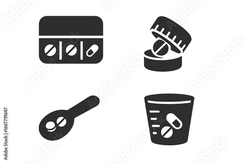 Pill accessory glyph icon set. Medicine management tools. Includes pill organizer box, tablet cutter splitter, medication spoon, and dosing cup. Pharmacy and healthcare symbols.