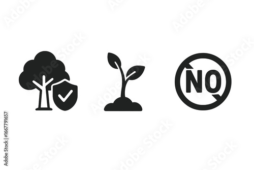 Zero Deforestation Icons Solid Filled Vector Set Including Tree with Shield Protection, Reforestation Sapling Growth Symbol, and No Logging Restriction Sign for Environmental Conservation