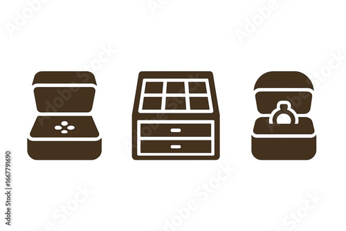Jewelry box vector icon set. Solid glyph collection of a ring box for a proposal or engagement gift, and a wooden keepsake organizer with drawers and a casket for storage.
