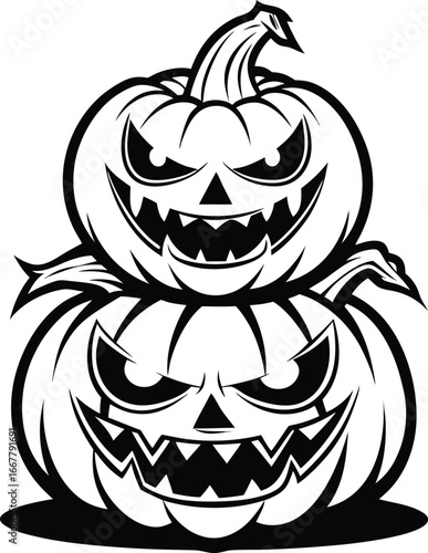 two pumpkins stacked with scary expressions