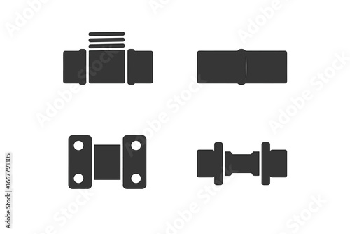 Pipe joint solid glyph icons. Set of industrial pipeline connection types. Includes threaded, welded, flanged, compression fittings. Vector for plumbing and engineering work.
