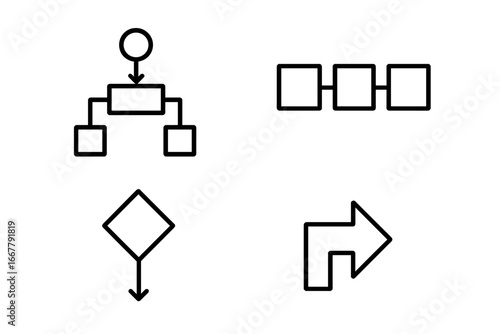 Pipeline and flowchart icon set. Outline icons for process visualization, workflow diagram, and business algorithm. Includes stage, decision diamond, and arrow connectors.