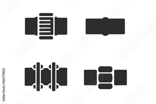 Pipe joint icon set. Vector glyph collection of industrial pipeline connectors. Threaded, welded, flanged, and compression fittings. Plumbing and piping system symbols.