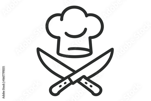 Chef hat with crossed knives logo. Cooking, culinary school or restaurant icon. Food service symbol. Kitchen utensil concept. Gastronomy and professional cook sign vector.