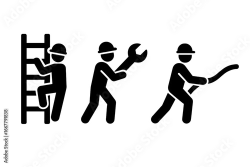 Worker icon set. Construction builder, handyman, repairman. Pictogram of man climbing ladder, holding wrench, pulling cable. Industrial maintenance & repair symbol. Solid glyph.