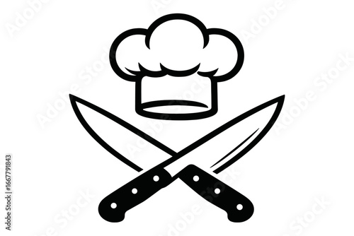 Chef hat and crossed knives icon. Culinary school symbol. Cook, kitchen, and restaurant logo concept. Gastronomy and gourmet food sign. Professional cooking vector design.