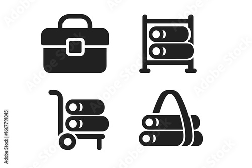 Pipework solid icon set. Vector glyphs for plumbing and construction. Icons for pipe storage, transport, toolbox, rack, caddy, and carry strap for logistics and tools.