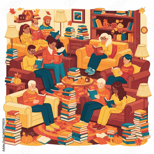 People reading books in a cozy room surrounded by stacks of literature