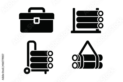 Pipework icon set for storage and transport. Vector glyphs of toolbox, pipe rack, caddy, and carry strap. Plumbing, construction, and industrial logistics symbols. Solid fill.