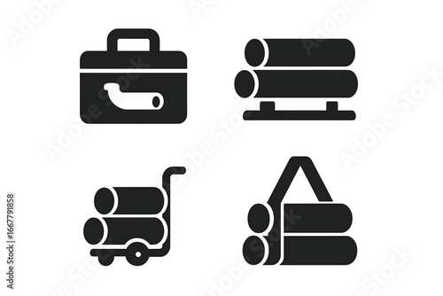 Pipework solid icon set. Plumbing and construction vector glyphs. Pipe storage, transport, toolbox, rack, dolly, carry strap. Pipeline logistics and industry symbols.