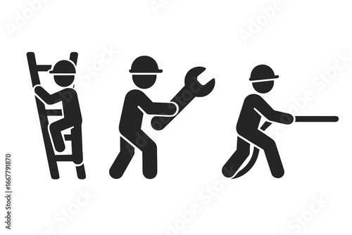Set of industrial worker icons. Solid pictograms of construction workers in action: climbing a ladder, tightening with a wrench, and pulling a rope. Manual labor symbols.
