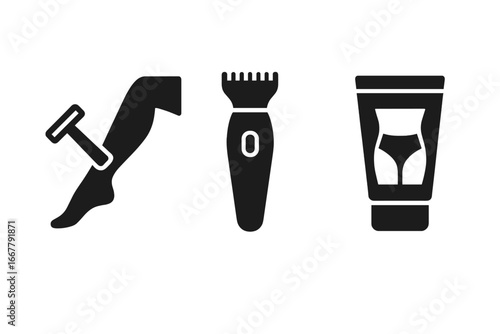 Women's Shaving Essentials Icon Set, Solid Filled Vector Illustrations of Leg Razor, Bikini Trimmer, Hair Removal Cream, Personal Grooming Tools, Beauty and Hygiene Collection