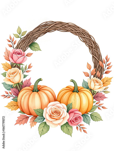 Autumn decoration featuring pumpkins and roses in a floral wreath design