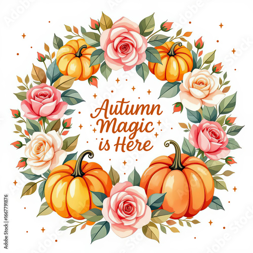 Autumn wreath with pumpkins and roses celebrating the fall season