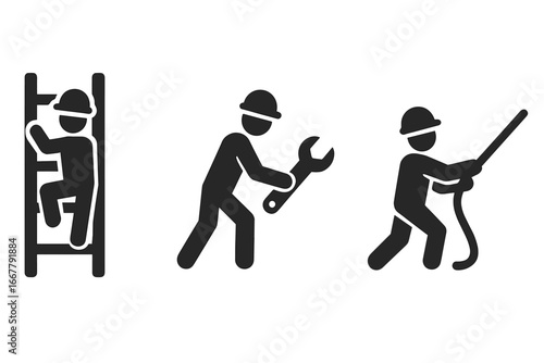 Worker icon set for construction and industry. Laborer, repairman pictogram. Man climbing ladder, technician with wrench, worker pulling rope. Manual labor and safety concepts.