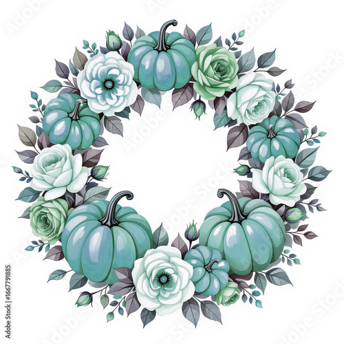 Beautiful wreath featuring turquoise pumpkins and white roses in a floral arrangement