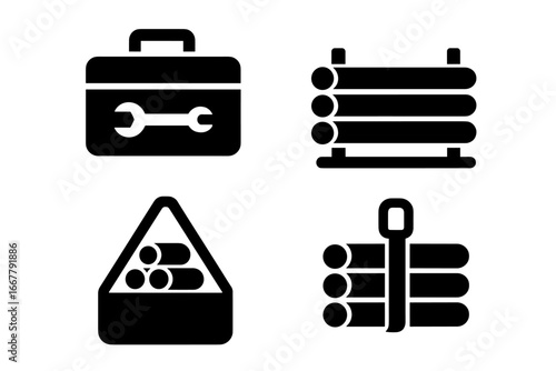 Pipework vector icon set. Solid glyphs for plumbing industry. Features pipe storage rack, transport caddy, carry strap, and toolbox with wrench. Industrial pipeline equipment.