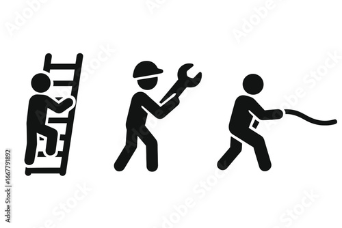 Worker icon set. Solid pictogram collection of industrial and construction workers. Man climbing ladder, mechanic with wrench, builder pulling rope. Labor and repair concept.