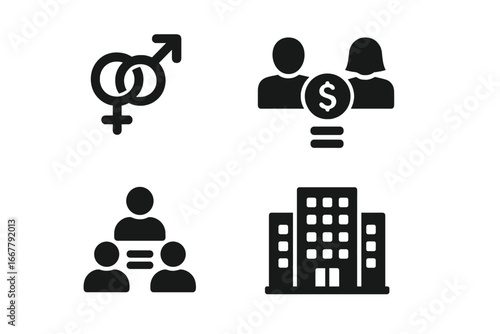 Workplace equality solid icon set. Gender symbols, equal pay, teamwork, and office building. Vector glyphs for diversity, inclusion, human resources, and social issues.