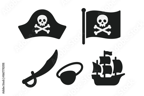 Pirate icon set vector collection. Black silhouette symbols for adventure and treasure hunt. Includes ship, Jolly Roger flag, skull and crossbones, cutlass sword, and eyepatch.