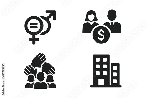 Workplace equality solid icon set. Vector graphics for gender equality, equal pay, diversity, inclusion, and social issues. Business teamwork and corporate culture symbols.