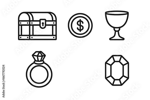 Pirate treasure outline icon set. Vector collection of loot and riches symbols. Includes treasure chest, gold coin, goblet, diamond ring, and gemstone for game or web design.