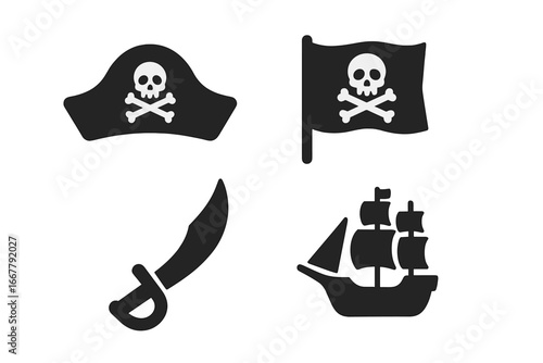 Pirate icon vector set. Solid silhouette graphic collection. Captain hat, Jolly Roger flag, skull and crossbones, cutlass sword, sailing ship. Sea adventure, filibuster symbols.